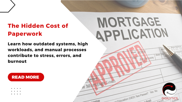 Mortgage application form with an 'Approved' stamp, a pen placed on the document, and a Digilytics AI branding.